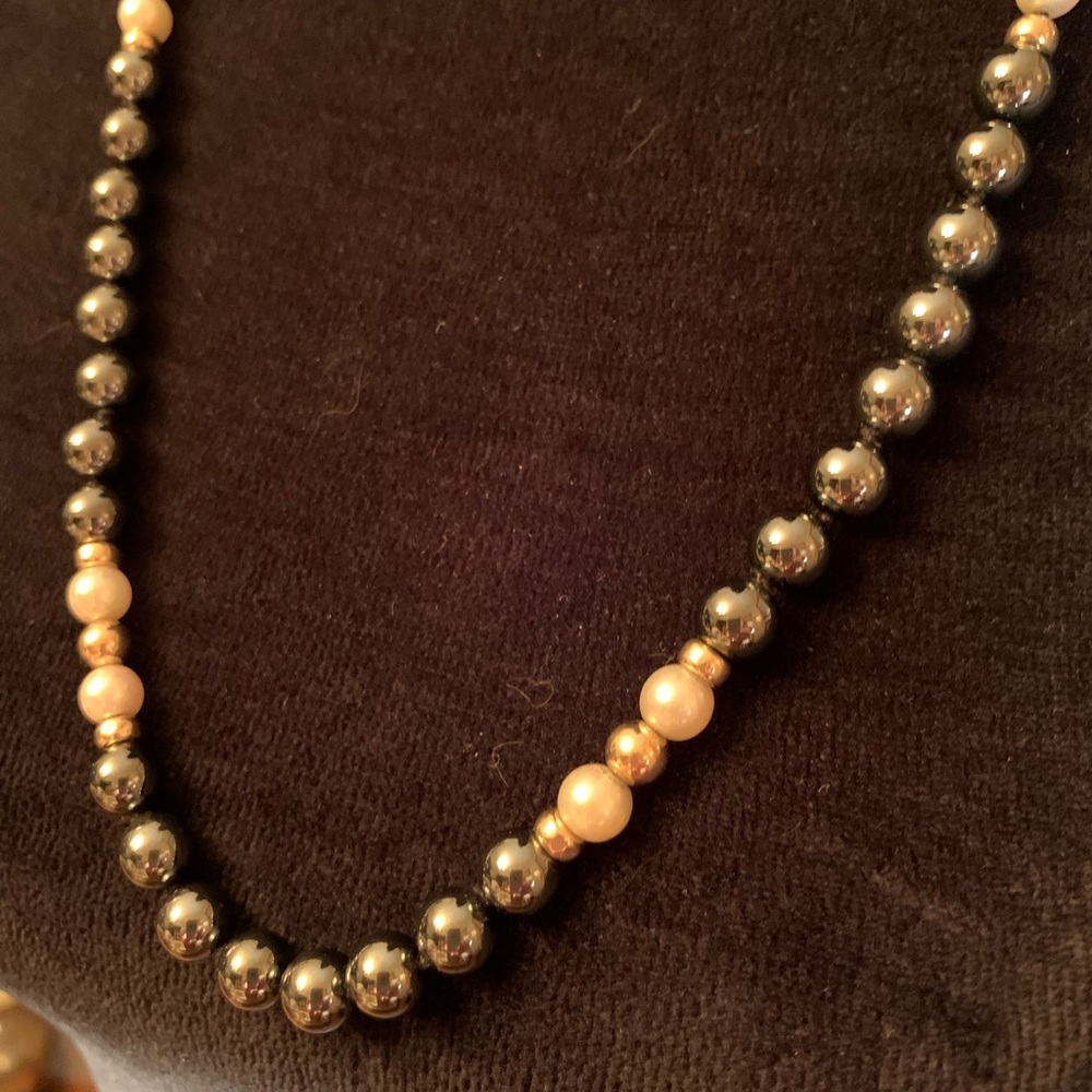 Genuine Pearl, Hematite & 14K Gold 28” Necklace. Great Mother's Day Gift!